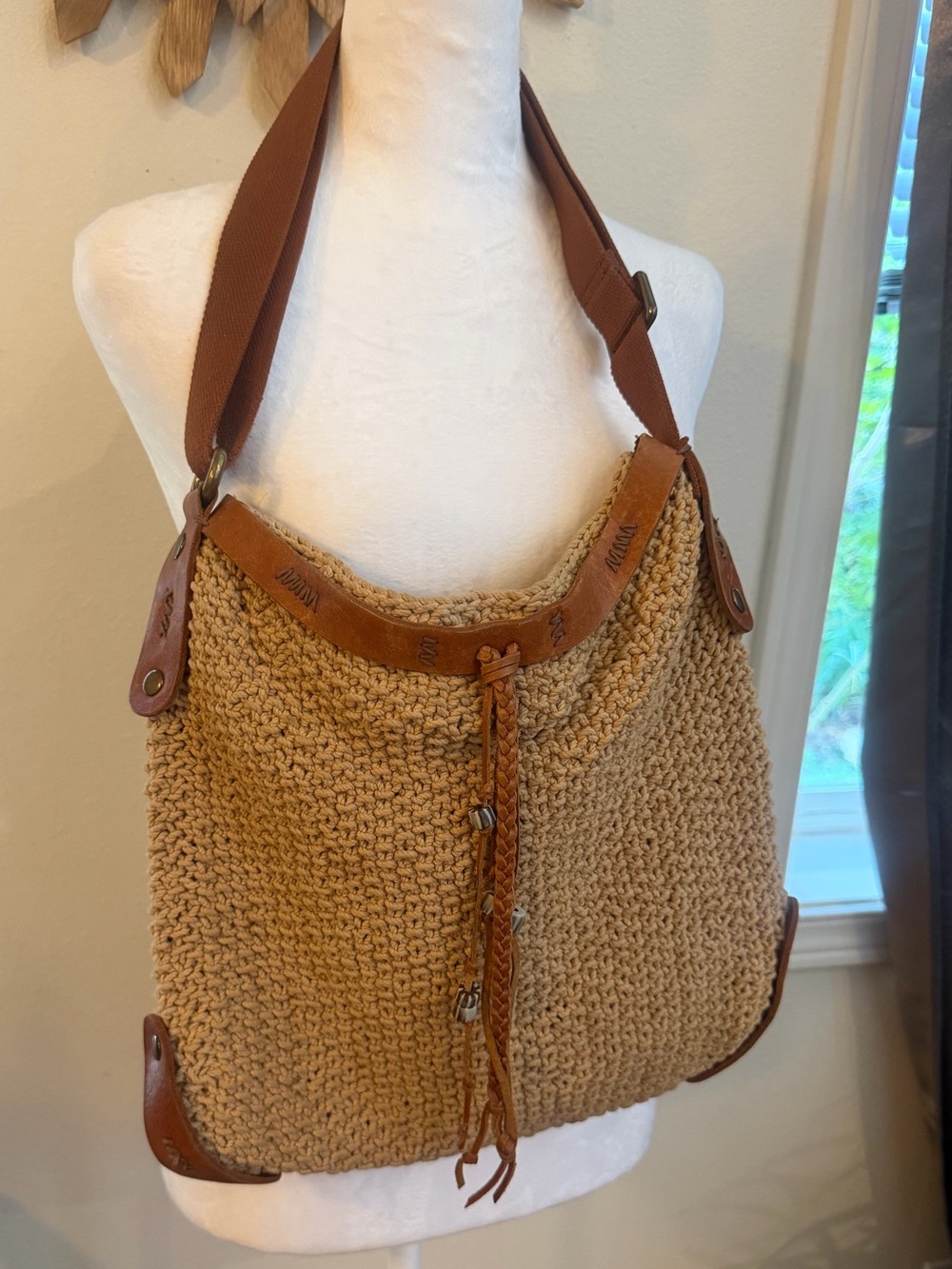 Lucky Brand Crochet Hobo Shoulder Bag | Leather Trim | Boho Festival Purse